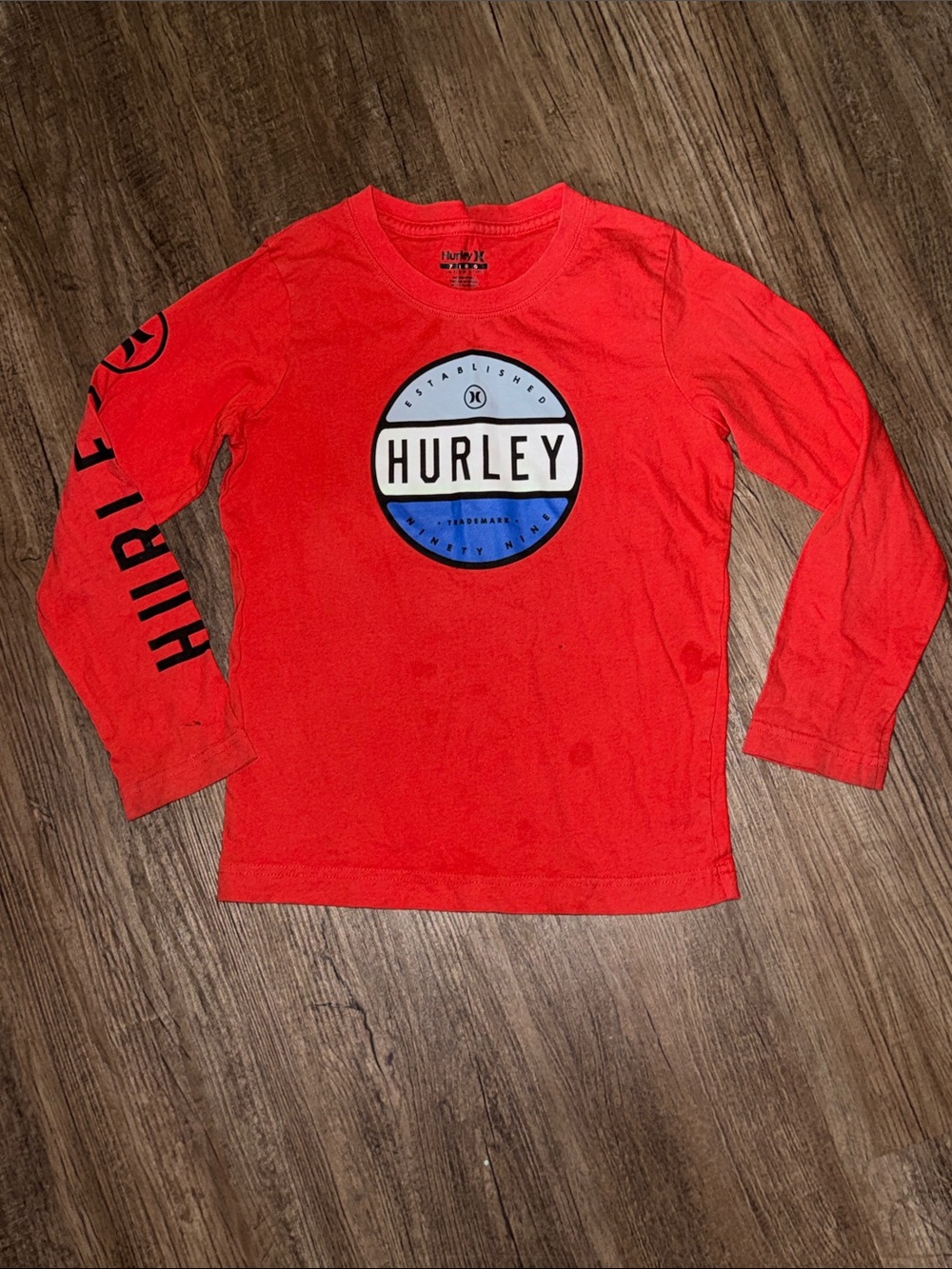 Hurley Red Long Sleeve Graphic Tee with Blue Logo
